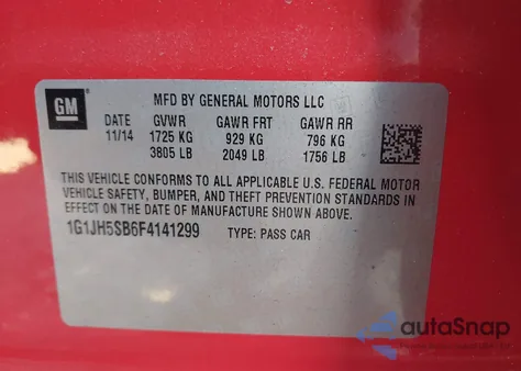 2015 Chevrolet Sonic Rs Manual из США, поврежденный, VIN 1G1JH5SB6F4141299